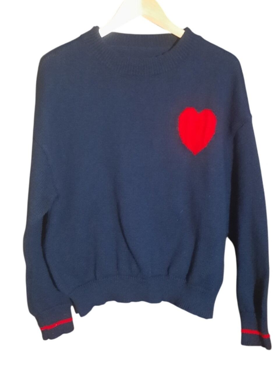 Womens Navy Crewneck Sweater With a Red Heart over Left Chest Size XXL